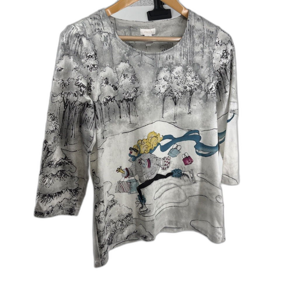 Chicos Ice Skater Graphic 3/4 Sleeve Tee Sz 1 (m) NWT Jackie B Jewel limited ed.